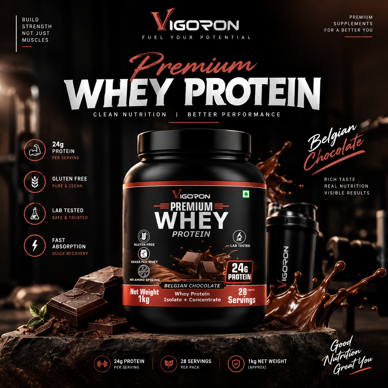 Fuel your potential and build strength with the premium whey protein from Vigoro