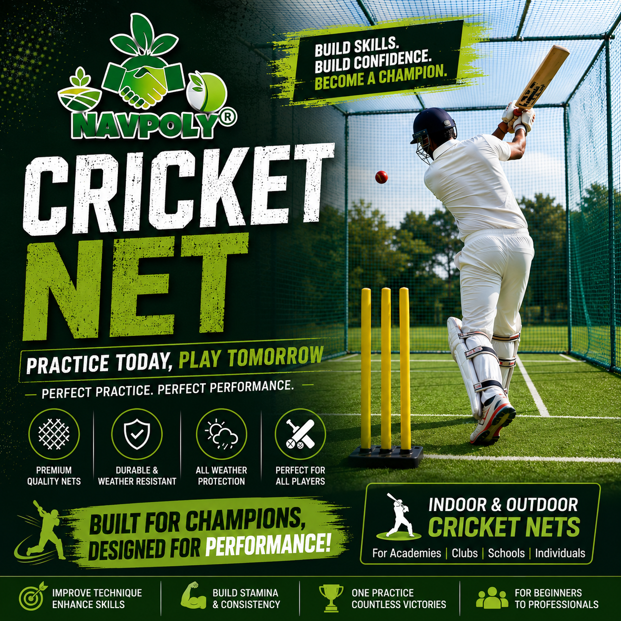 * **Premium Cricket Nets** by Navpoly
* Suitable for **indo