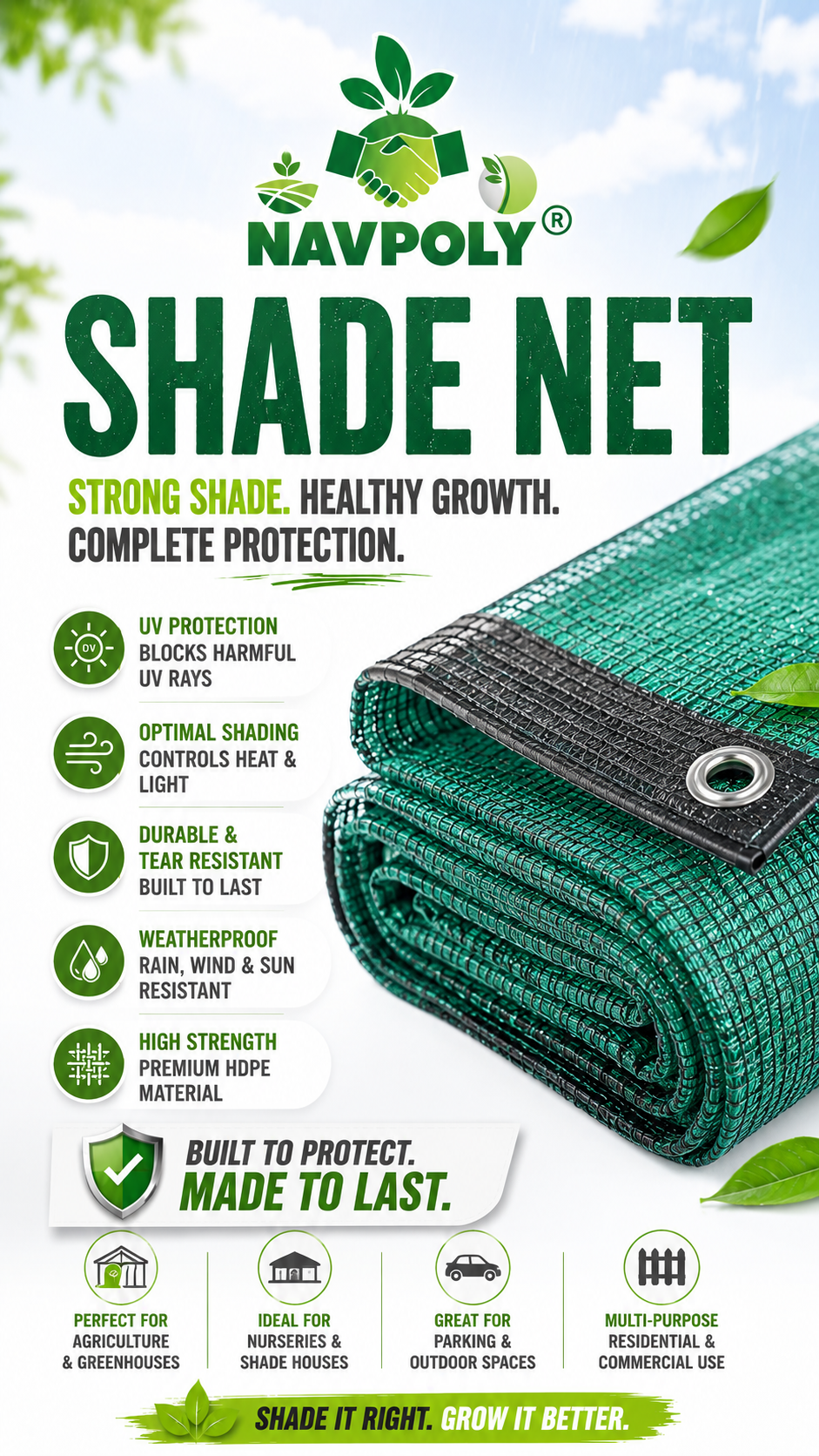 Protect your plants with Navpoly Shade Net! 🌱
UV-resistant