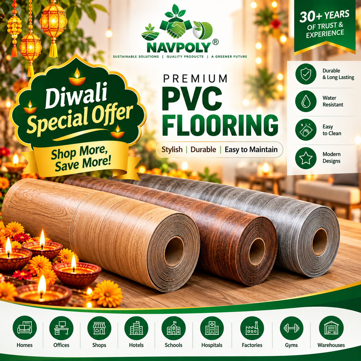 🪔 NAVPOLY Premium PVC Flooring – Diwali Special Offer!

U