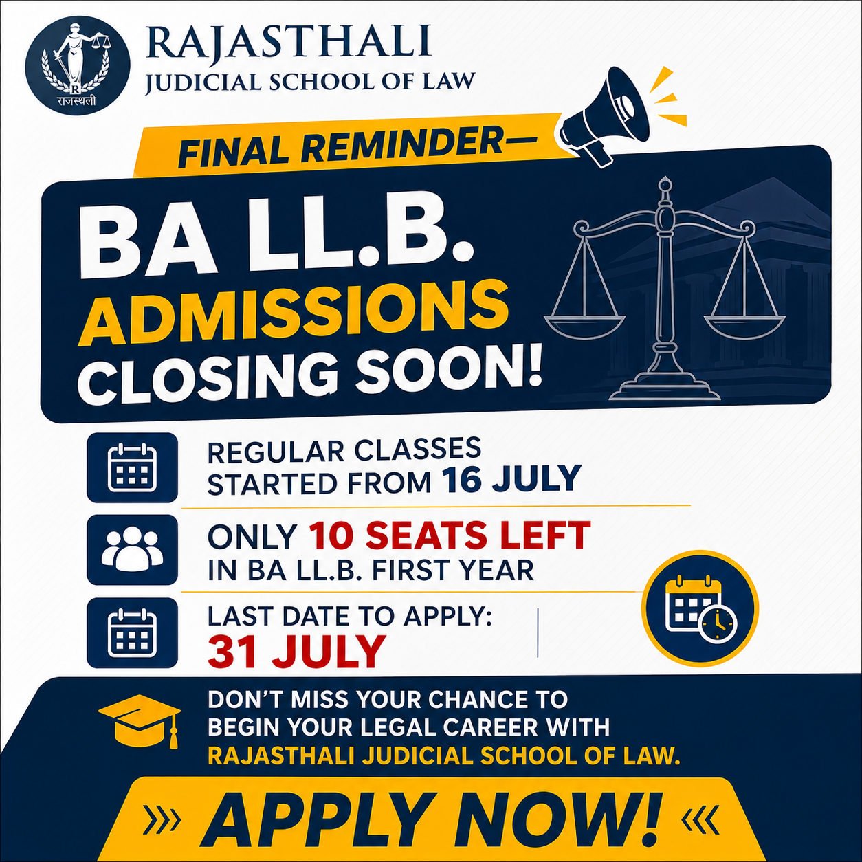 🚨 Final Reminder! 🚨 BA LLB Admissions Closing Soon at Raja