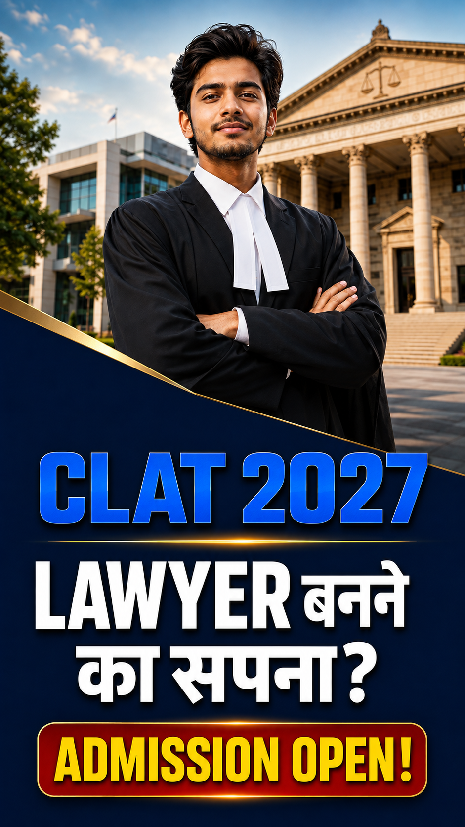 The image shows a confident young man in a lawyer's robe, st