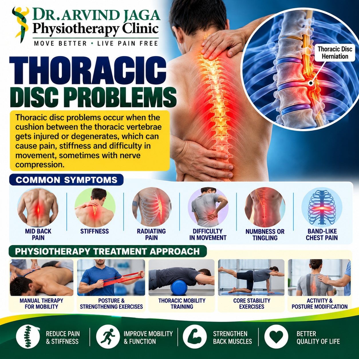 Experiencing persistent mid-back pain, stiffness, or a band-