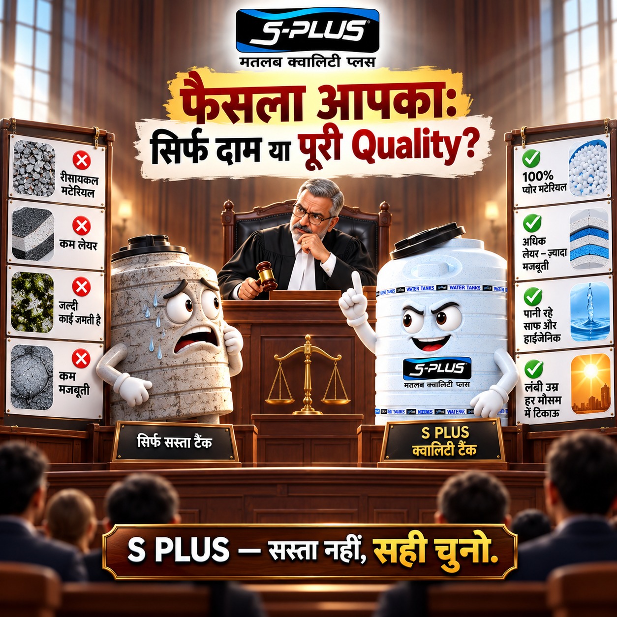 The image depicts a courtroom scene where the choice between "cheap…