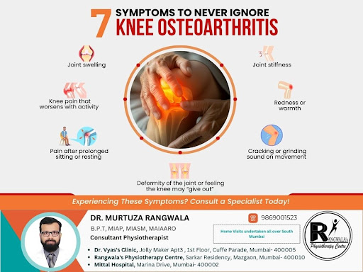 Symptoms of knee osteoarthritis include pain, swelling, stif
